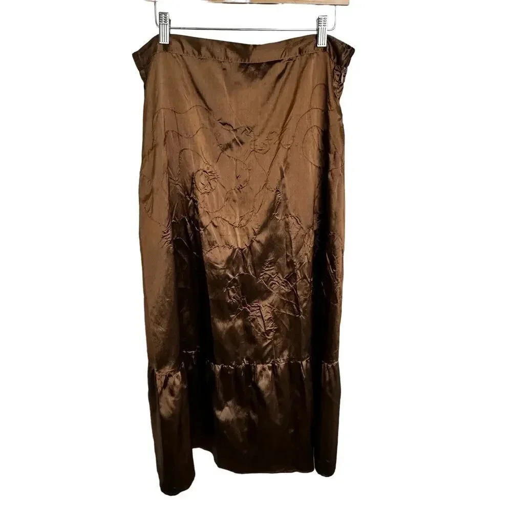 Age of Love by Nataya Brown Copper Satin Floral Embroidered Midi Skirt Women's M